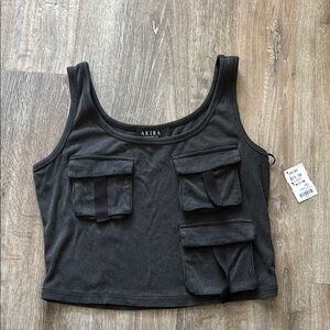 AKIRA Black Ribbed Cargo Pocket Crop Tank